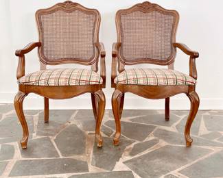 VINTAGE LOUIS XV CANE BACK CAPITAN'S CHAIRS - PLAID UPHOLSTERY - DINING CHAIRS