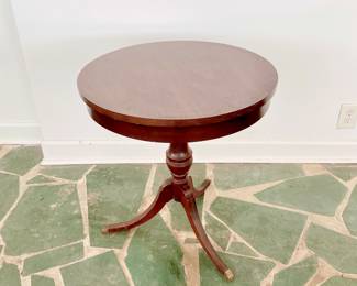 VINTAGE BRASS FOOT PEDESTAL TABLE - WOOD CARVED - PAW FEET - SIDE TABLE