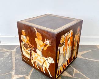 EGYPTIAN PAINTED WOODEN SIDE TABLE END TABLE - FOOTED CUBE BOX