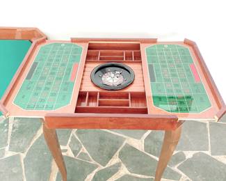 MID CENTURY INLAID FLORAL WOOD MULTI GAME TABLE - CHESS - BACKGAMMON - ROULETTE - GREEN POKER TABLE