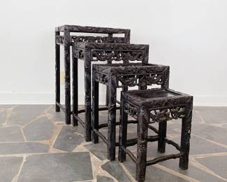HARDWOOD CHINESE DRAGON CARVED NESTING TABLES - SET OF 4 - CHINOISERIE - SIDE TABLES