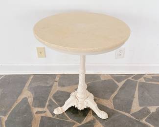 VINTAGE CREAM MARBLE TOP BISTRO TABLE - CAST IRON BASE