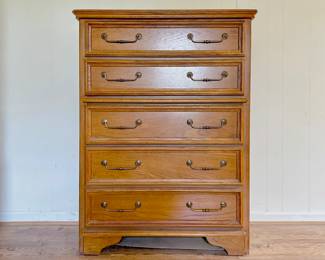 BASSETT OAK CHEST OF DRAWERS - 5 DRAWER DRESSER - BEDROOM SUITE FURNITURE