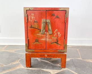 CHINOISERIE ASIAN STYLE PAINTED CABINET END TABLE - SIDE TABLE - BRASS HARDWARE