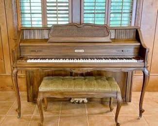 VINTAGE UPRIGHT KIMBALL PIANO WITH MATCHING PIANO BENCH - WALNUT - GREEN VELVET - SCROLL FOOT
