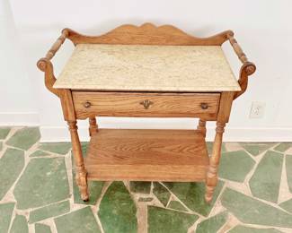VINTAGE MARBLE TOP WASHSTAND WITH TOWEL BARS - ONE DRAWER