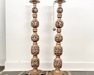 PAIR OF 34" BRASS COLOR PILLAR CANDLE HOLDERS AND BRASS BEEHIVE FLAME SNUFFER