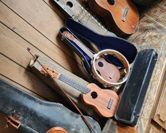 Kamara and Aloha Ukuleles and other Instruments.  Violin with Farny Silver Mounted Bow.  