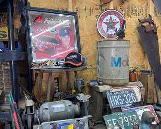 Mobil gas can
New signs 
Budweiser race car picture 
Harley cap , patches etc 