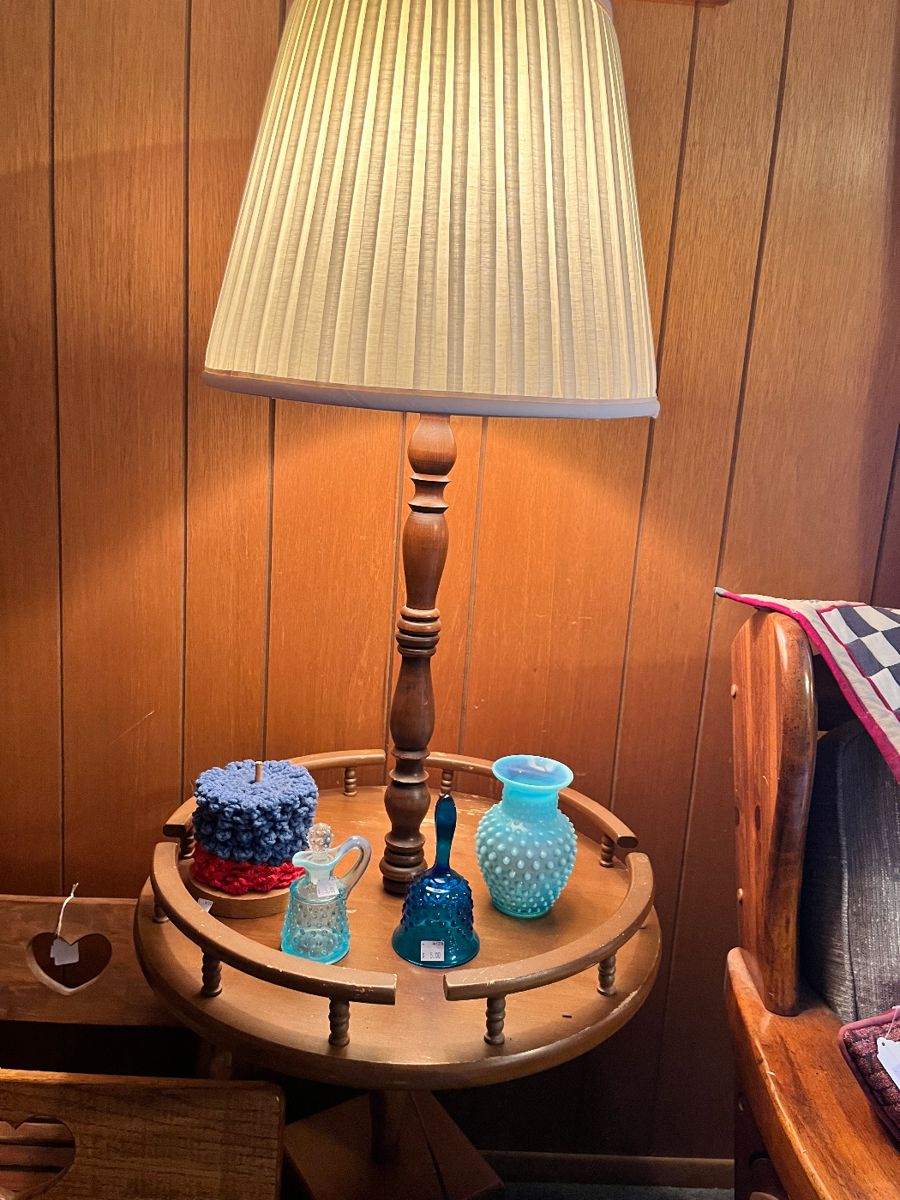 Wood floor lamp, miscellaneous Fenton items