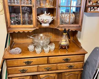 Maple hutch. Punch bowl and assorted glassware