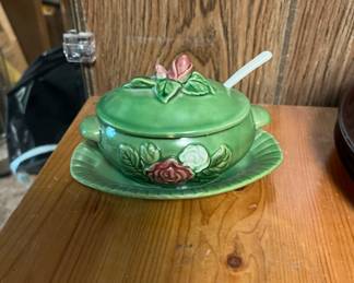 Vintage Norleans Sugar Bowl With Lid Green Pink Roses Japan with spoon