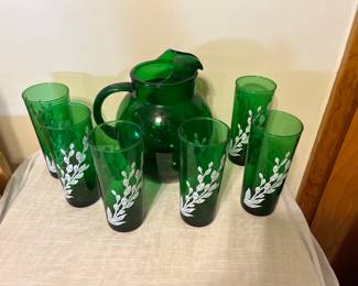 Set of 4 Lilly green tall glasses and green pitcher 