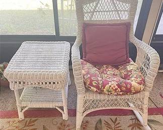 02 White Wicker Rattan Rocking Chair Table