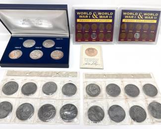 Million Dollar Morgan Tribute Coin Collection, WWI & WWII Pennies, Nixon Bronze Metal & Silver Dollar Replicas
Lot #: 195