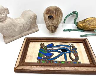 Vintage Egyptian Painting On Papyrus, Ibis Figurine & 2 Carved Stone Statuettes
Lot #: 132