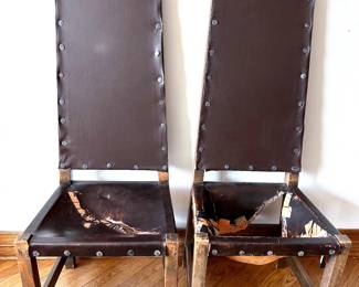 Pair Vintage Wood High Back Mexican Chairs With Leather Seats & Nail Head Decorations
Lot #: 64