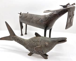 Vintage African Bronze Water Buffalo With Birds Sculpture, Upper Volta & Bronze Fish Sculpture
Lot #: 123