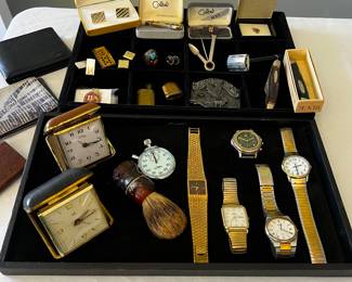 Mens watches, cufflings, sterling ring, pocket knives, etc