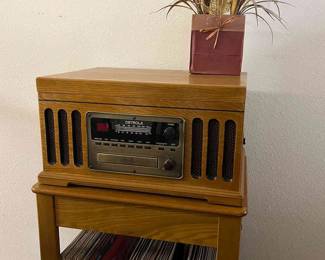 Detrola Oak Record Player CD Cassette AM FM Radio Player Includes Table And Records