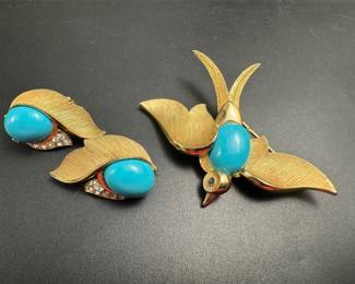 Rare Crown trifari Turquoise Swallow Bird set