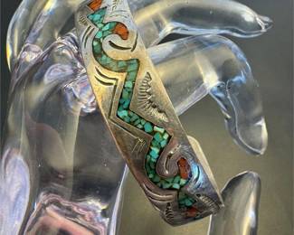 Vintage sterling bracelet inlaid turquoise &coral