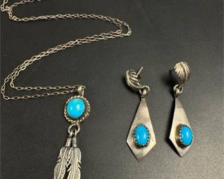 Sterling silver native turquoise earrings&pendant