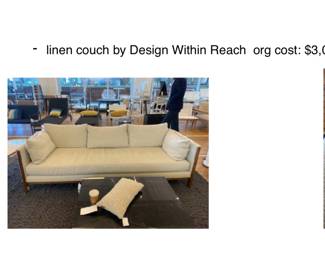Emmy sofa   Design Within Reach.    Few
Stains but u won’t care
That
Much.   $300