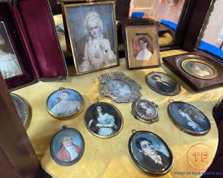 Large Antique Collection of Hand Painted Miniature Portraits (Most on Ivory)