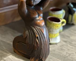Antique Sideboard with Glass Curio Cabinet Supported by Carved Figural Pillars on Marble Top Server