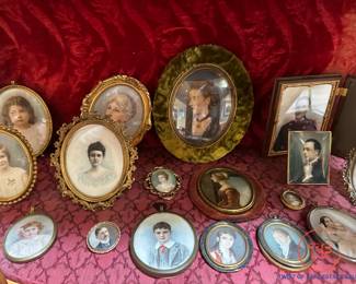 Large Antique Collection of Hand Painted Miniature Portraits (Most on Ivory)