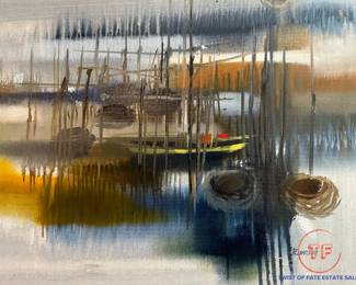 Signed Oil on Canvas MCM Style Harbor Scene