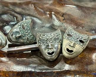 Sterling Silver Masquerade Mask Brooch and Matching Earrings