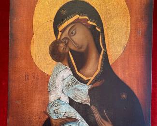 1800's Russian Orthodox Virgin of Vladimir Religious Byzantine Icon (Virgin Mother and Child)