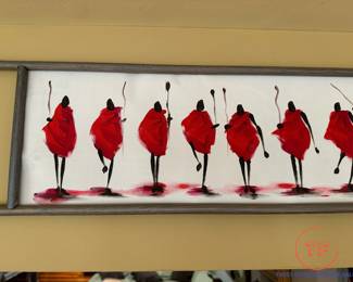 Panoramic African Tribal Scene Oil on Canvas by PETER MUKENDI