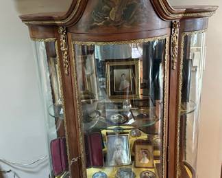 Antique French Louis XV Hand Painted Bowed Glass Front Display Cabinet