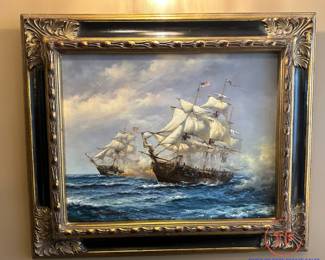 Original Oil on Canvas Naval Battle Signed J. CLARK
