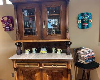 Antique Sideboard with Glass Curio Cabinet Supported by Carved Figural Pillars on Marble Top Server