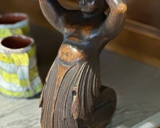 Antique Sideboard with Glass Curio Cabinet Supported by Carved Figural Pillars on Marble Top Server