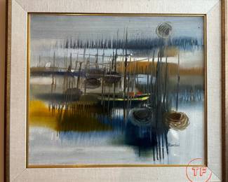 Signed Oil on Canvas MCM Style Harbor Scene