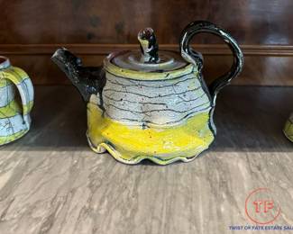 Handmade Artist Signed Ceramic Teapot and Mug Set
