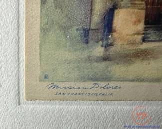 Hand Colored AL METTEL Etching of Mision Delores Cathedral