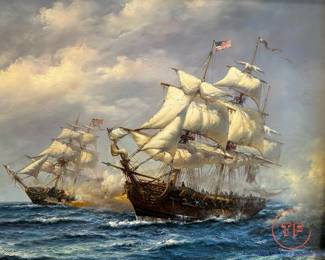 Original Oil on Canvas Naval Battle Signed J. CLARK