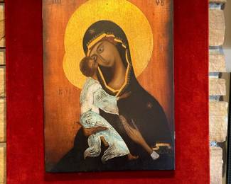 1800's Russian Orthodox Virgin of Vladimir Religious Byzantine Icon (Virgin Mother and Child)