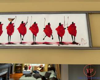 Panoramic African Tribal Scene Oil on Canvas by PETER MUKENDI