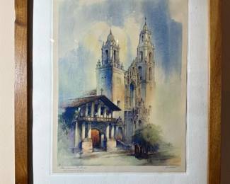 Hand Colored AL METTEL Etching of Mision Delores Cathedral