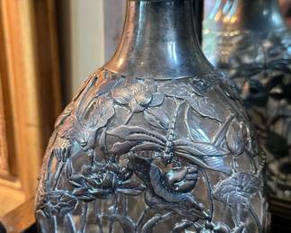 Antique Decanter with Dragonfly and Floral Sterling Silver Overlay