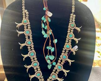 Gorgeous vintage squash blossom necklace from New Mexico and turquoise rock lariat....