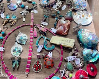 Lots of vintage Mexican sterling with various opals, turquoise, jade etc