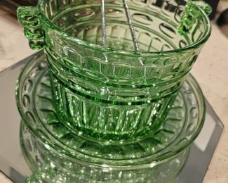 large green depression glass ice bucket, missing handles 